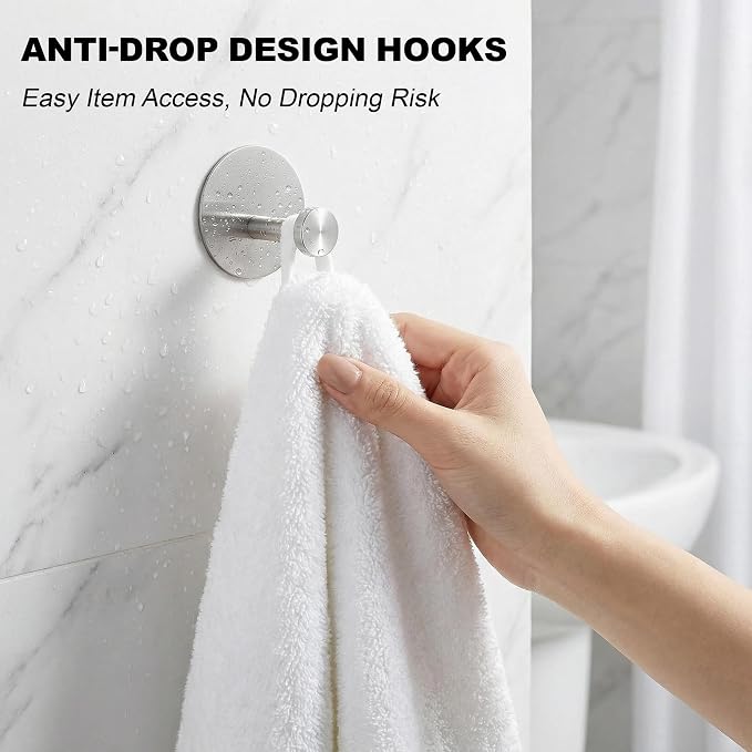 Towel Hooks for Bathroom (4 Pack) Adhesive Towel Hook Shower Hooks for Inside Shower - Sticky Bathroom Wall Hooks for Hanging Towels, Robe, Loofah, Bath Sponge (Style 2 - Silver)