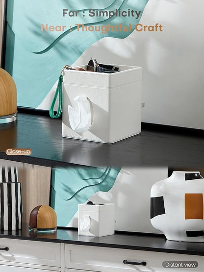 Cloudever Tissue Box Holder Cover, Modern PU Leather Square Decorative Tissue Holder Organizer-Woven New Off White