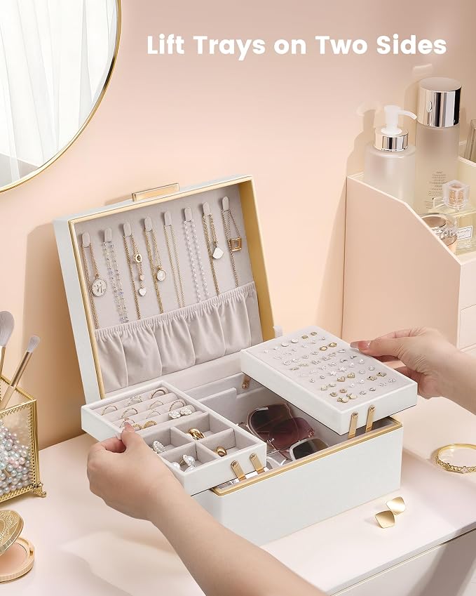 Lolalet Jewelry Box Organizer for Women Girls, 2 Layer Jewelry Organizers and Storage for Necklace Earrings Rings Bracelets, Large Jewellery Holder Case Birthday Gifts -Champagnegold
