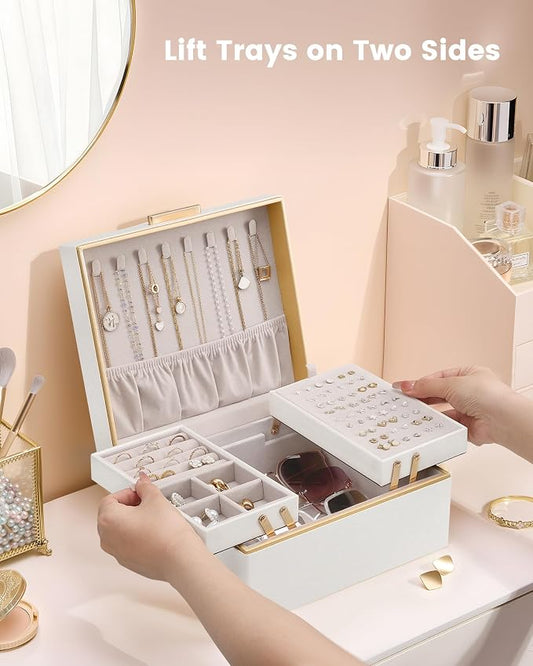 Lolalet Jewelry Box Organizer for Women Girls, 2 Layer Jewelry Organizers and Storage for Necklace Earrings Rings Bracelets, Large Jewellery Holder Case Birthday Gifts -Champagnegold