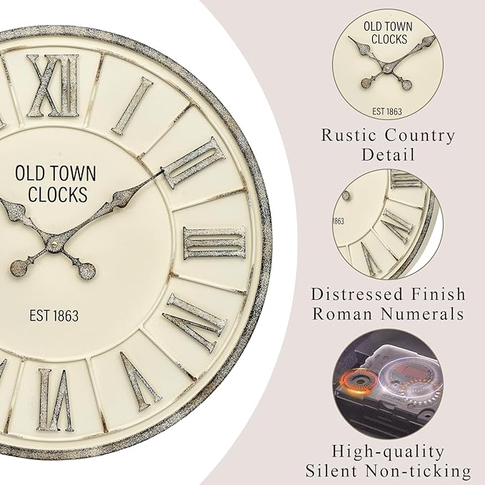 EMAX HOME Farmhouse 24 Inch Wooden Large Wall Clock, Silent Non-Ticking Quartz Movement, Battery Operated Modern Rustic Clock for Living Room, Kitchen, Office, Home Decor