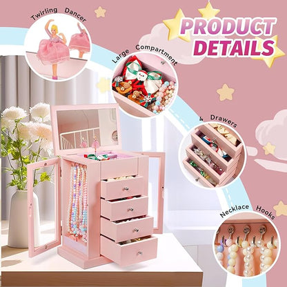 Emfogo Jewelry Box for Girls, Musical Jewelry Box with Spinning Dancer Gifts for Little Girls Christmas New Year Birthday Children's Day, 5 Layer Large Wooden Kids Music Jewelry Organizer Box(Pink)