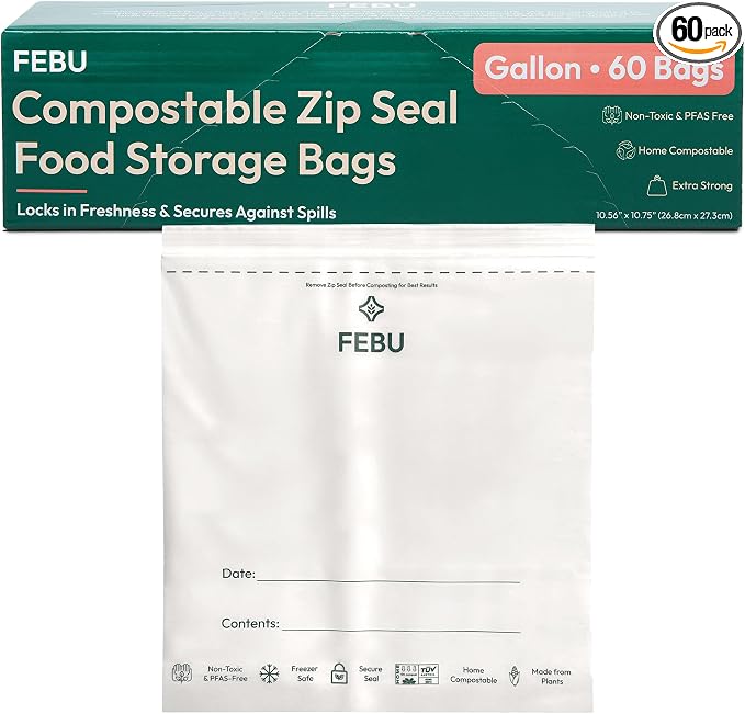 FEBU Gallon Compostable Food Storage Bags, 60 Count | Certified Home Compostable & Biodegradable | PFAS & BPA Free Zipper Bags | Leak-Proof & Resealable | 10.56” x 10.75”