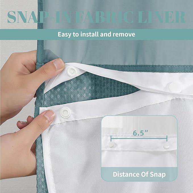 SeawedGreen No Hook Waffle Weave Shower Curtain with snap-in Liner Replacement, 230GSM Waterproof Fabric Hotel Shower Curtain Set for Bathroom, Through Mesh Top Window,71Wx74H