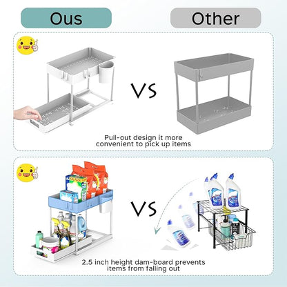 2 Pack Under Sink Organizer with Pull-Out Drawer, 2-Tier Cabinet Storage for Kitchen & Bathroom, Tool-Free Assembly, Fits Cleaning Supplies & Toiletries, Space Saving for Small Cabinets, White