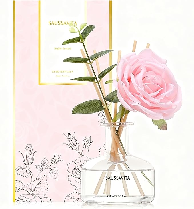 Saussavita Reed Diffusers Set, 7.10 oz Rose Water Scented Diffuser with 7 Sticks, Long Lasting Home Fragrance for 120 Days, Perfect for Bathroom, Shelf Decor, Air Fresheners