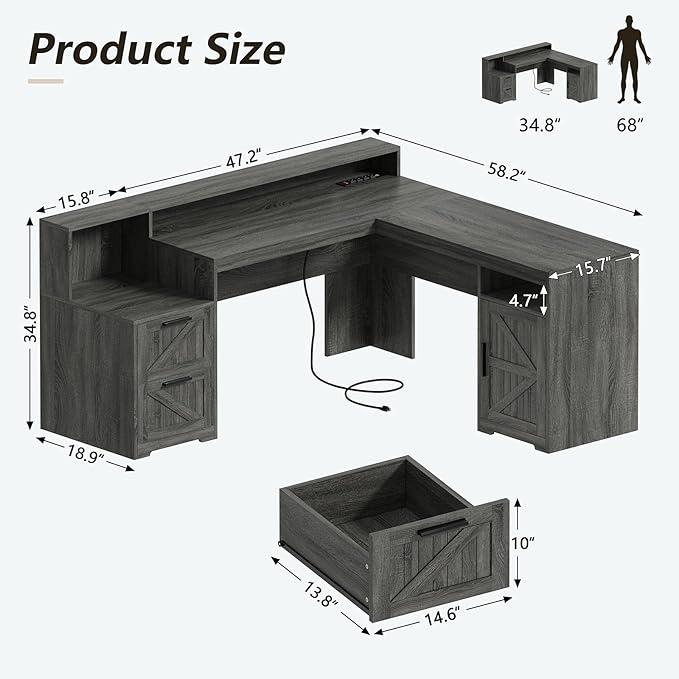 63" Farmhouse L Shaped Executive Desk with Drawers & Storage Shelf, Corner Computer Desk with Power Outlets, L Shaped Office Desk with Monitor Stand, Printer Shelf, Dark Gray