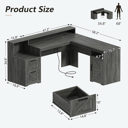 63" Farmhouse L Shaped Executive Desk with Drawers & Storage Shelf, Corner Computer Desk with Power Outlets, L Shaped Office Desk with Monitor Stand, Printer Shelf, Dark Gray