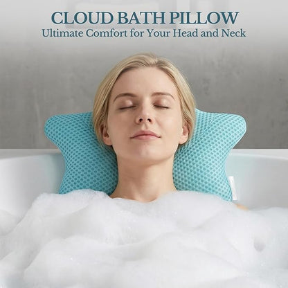 Non Slip Bath Pillow, Luxury Spa Bathtub Head & Neck Rest Support, Permeable Quick Drying Air Mesh Tub Pillow with 4 Large Suction Cups, Fits Any Tubs, Soft and Relaxing-Lake Blue