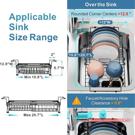 iSPECLE Expandable Dish Drying Rack for Large Kitchen Sink - Rust Resistant Adjustable Over The Sink Dish Drainer with Tightening Knob, Arms with Non Slip Rubber, 12.8" W x 15.8"-20.7" L, Black