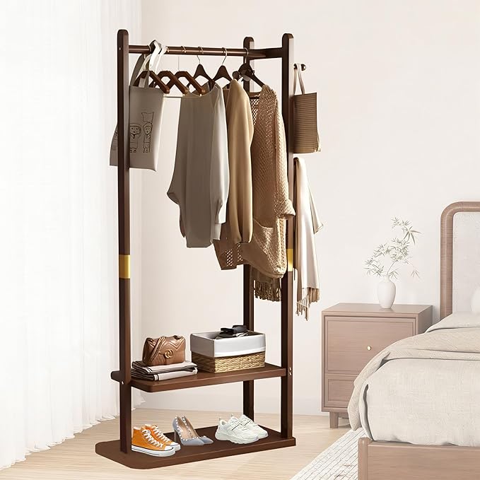 Freestanding Coat Rack with 2 Storage Shelves and 5 Hooks, Heavy Duty Wood Garment Rack for Bedroom, Hallway, Entryway (23.6x11.4x64.7 in)