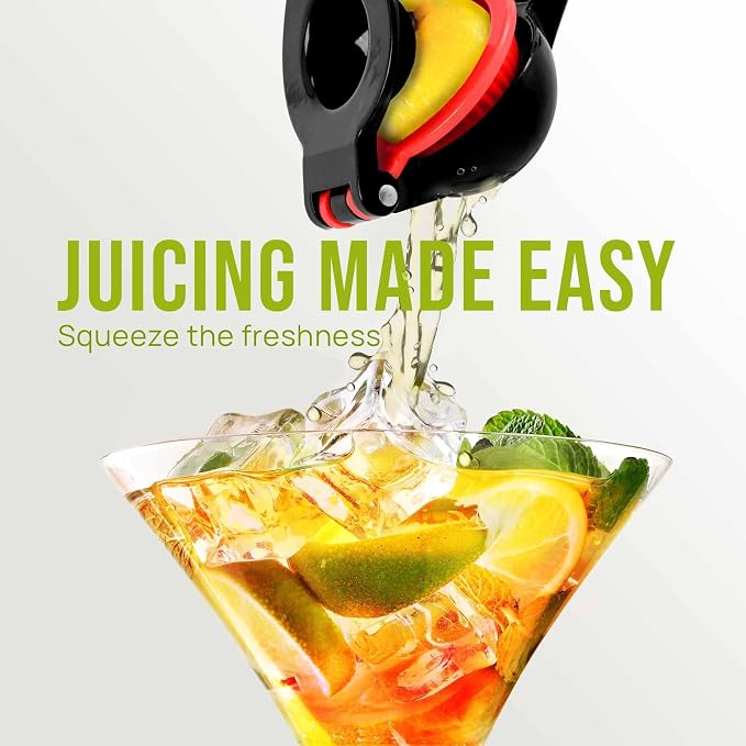 Zulay Kitchen Metal 2-in-1 Lemon Squeezer - Sturdy Max Extraction Hand Juicer Lemon Squeezer Gets Every Last Drop - Easy to Clean Manual Citrus Juicer - Easy-Use Lemon Juicer Squeezer - Black/Red