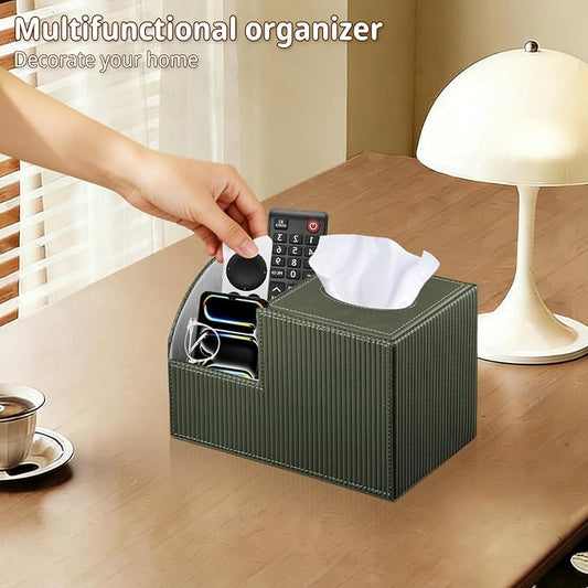 PU Leather Square Tissue Box Cover - Multi-Functional Tissue Box Holder, Tissue Box Cover with Storage,Tissue and Remote Control Holder, Cube Tissue Box Organizer Bedroom Nightstand End Table
