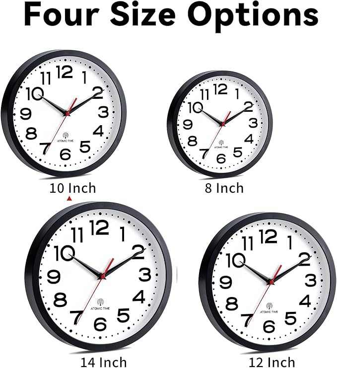 Roymnie Atomic Wall Clock 10 Inch, Modern Clock Battery Operated Classic Analog Decorative for Kitchen, Living Room, Office, Bedroom, Bathroom (Black)