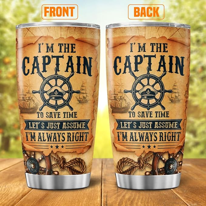 Captain Quote Travel Mug 20oz, Nautical Themed Stainless Steel Insulated Tumbler for Boating Enthusiasts, Funny Gift for Boat Owners, Men, Dad, or Outdoor Use