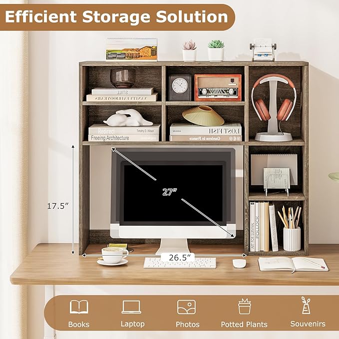 Desk Hutch, Desktop Shelf with 7 Shelves, Desk Bookshelf w/Anti-Toppling Devices, Wood Table Top Bookshelf Organizer, Small Desk Shelf for Study, Office, Dorm (Grey, 7 Shelves)