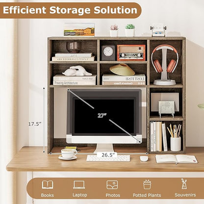 Desk Hutch, Desktop Shelf with 7 Shelves, Desk Bookshelf w/Anti-Toppling Devices, Wood Table Top Bookshelf Organizer, Small Desk Shelf for Study, Office, Dorm (Grey, 7 Shelves)
