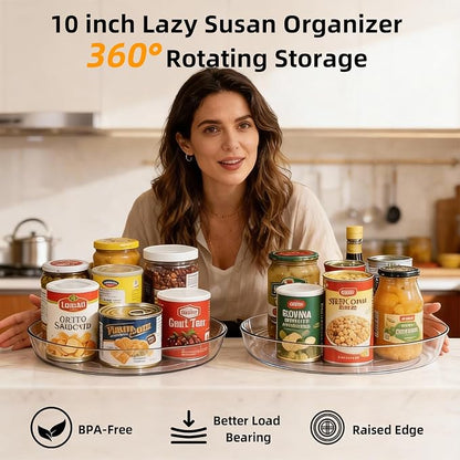 2 Pack Lazy Susan 10 inch Turntable for Spice Organization | Clear BPA-Free Plastic Rotating Organizer for Kitchen Cabinet, Pantry, Countertop, Fridge | 360-Degree Rotating Base