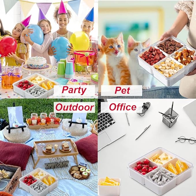 MANO 2pack Serving Trays for Party Divided Veggie Tray with Lid Sealed Sectioned Fruit Snack Serving box Vegetable Storage with 4 Compartments Snackle Box Charcuterie Container Fridge Organizer