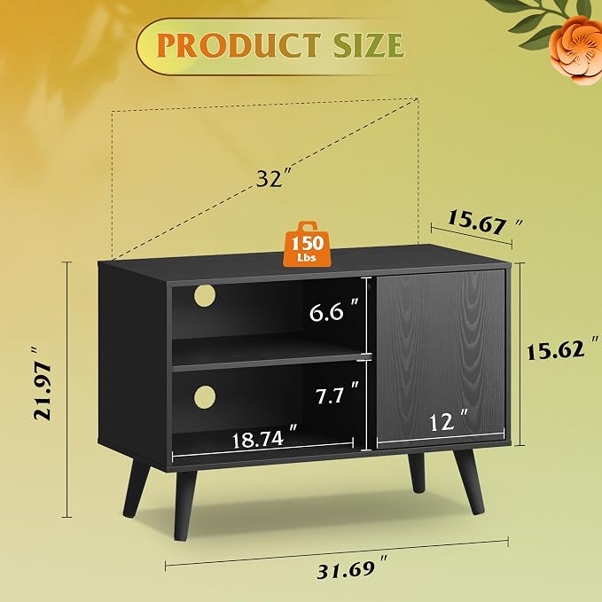 WLIVE TV Stand for 40 Inch TVs, Small Entertainment Center with Storage Cabinet, Mid-Century Modern TV Stands for Living Room and Bedroom, 32" TV Console, Black