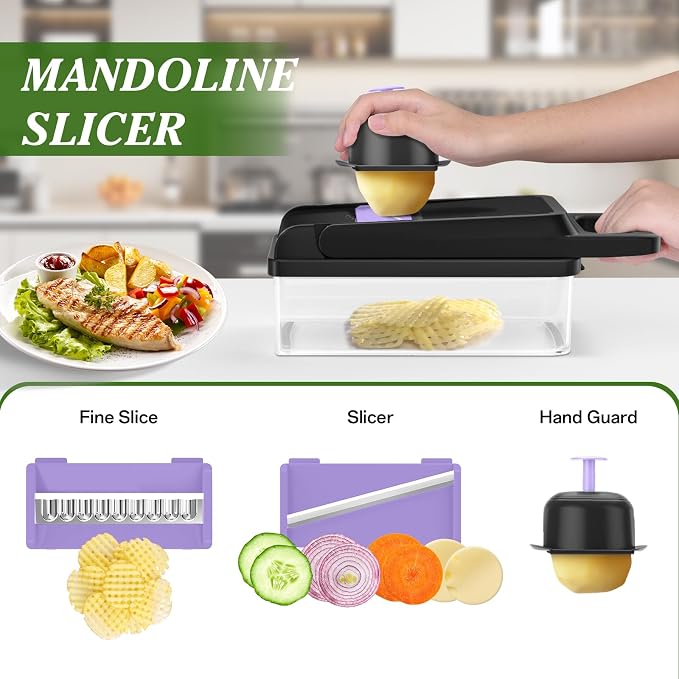 HomeHacks Vegetable Chopper Vegetable Cutter, 12 in 1 Kitchen Gadget, Dicer, Slicer, Onion Cutter, Salad, Cheese Grater & Egg Separator - Multi-Functional Veggie Chopper Lid with Handle (Purple)