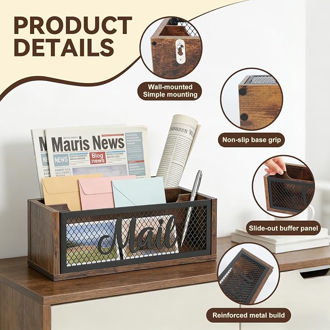 Mail Organizer Countertop, Rustic Farmhouse 2-Slot Wood & Iron Mail Holder, Retro Wall Mounted or Desk Entryway Letter Bill Envelope Sorter, No Assembly | Wood & iron, 11"×4"×4", holds letters, bills & magazines. Non-slip base, no sliding or scratching...
