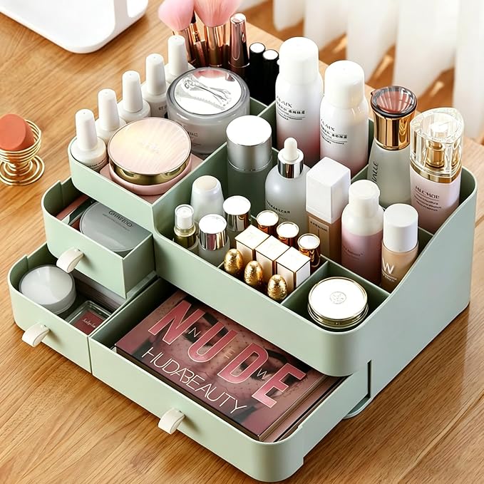 Makeup Organizer with Drawers, Bathroom Counter Organizer, Plastic Cosmetic Display Case, Large Skincare Storage for Vanity Countertop, Ideal for Bedroom Dresser top and Desktop