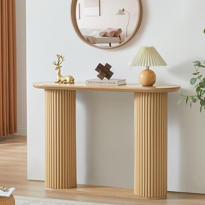 Fluted Console Table, Farmhouse Oval Curved Entryway Table with Storage and Fluted Wood Legs, Narrow Sofa Table Small Long Entry Table for Entrance, Hallway, Living Room (Natural)