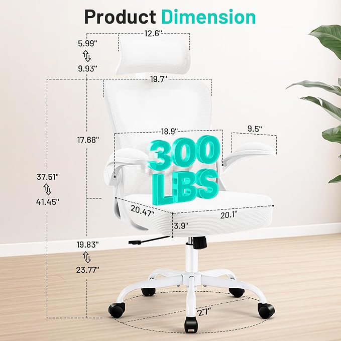 Office Chair - Ergonomic Desk Chair Breathable Mesh Chair with 2D Headrest & Adjustable Lumbar Support - Executive High Back Rolling Swivel Computer Gaming Chair with Wheels Flip-up Armrests