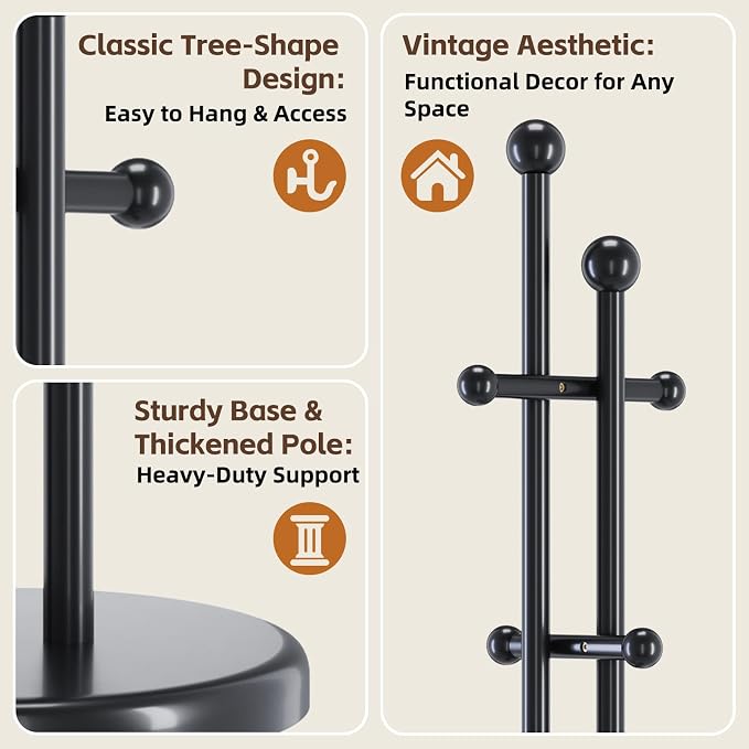 Uniclinens Wood Coat Rack Freestanding - Heavy Duty Freestanding Coat Rack, Wooden Coat Stand with 6 Hooks Creative Tree Branch-look for Entryway, Hallway, Bedroom (Black)