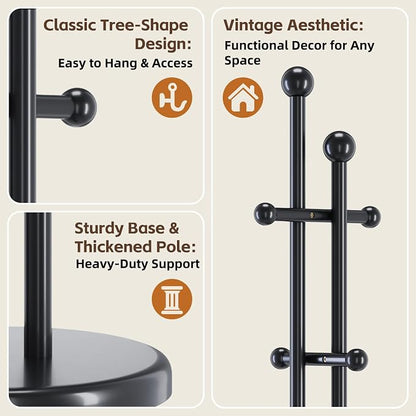 Uniclinens Wood Coat Rack Freestanding - Heavy Duty Freestanding Coat Rack, Wooden Coat Stand with 6 Hooks Creative Tree Branch-look for Entryway, Hallway, Bedroom (Black)