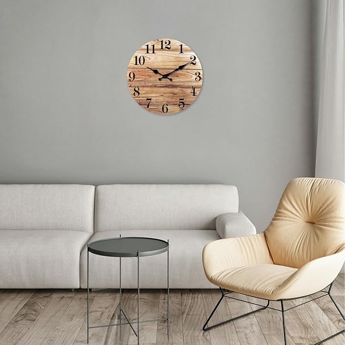 XNM Round Wood Wall Clock for Kitchen 12 Inch Farmhouse Small Wall Clocks Battery Operated Brown Wall Clock Silent (MDF No Solid Wood)