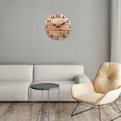 XNM Round Wood Wall Clock for Kitchen 12 Inch Farmhouse Small Wall Clocks Battery Operated Brown Wall Clock Silent (MDF No Solid Wood)