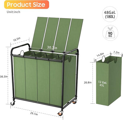 Laundry Sorter 4 Sections 48 Gal, Rolling Laundry Basket with Lockable Wheels and Lid, Laundry Hamper with 4 Separated Removable Bags Dirty Clothes Hamper for Laundry Room Organizer, Green