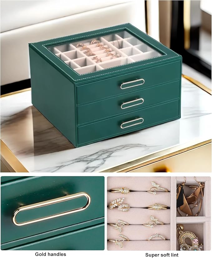 3 Layer Jewelry Organizer Box with Glass Lids & 3 Drawers - Elegant Storage Solution for Necklace, Rings，Earrings, and Bracelets - Perfect for Women ASK-301 (Green)