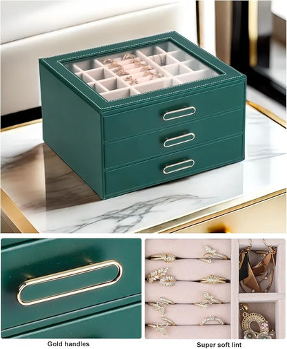 3 Layer Jewelry Organizer Box with Glass Lids & 3 Drawers - Elegant Storage Solution for Necklace, Rings，Earrings, and Bracelets - Perfect for Women ASK-301 (Green)