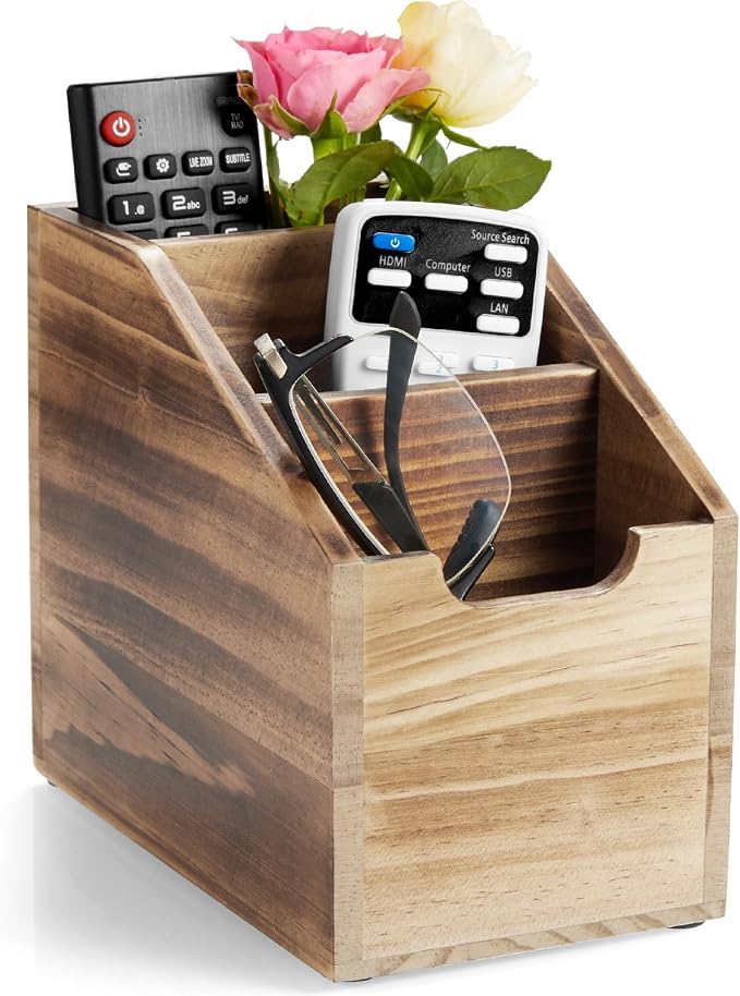 Remote Control Holder, TV Remote Holder, Wood Farmhouse Remote Caddy for Table, Remote Organizer Caddy with 3 Slots, Remote Storage Box for Home Office, Burnt Wood