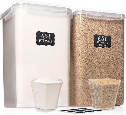 WHITE FEATHER SUPPLIES 2 PC [7 Qt / 6.5L / 220 Oz] Large Food Storage Containers with Lids Airtight - BPA Free Clear Plastic Kitchen and Pantry Storage Containers for Cereal, Flour, Sugar, Rice