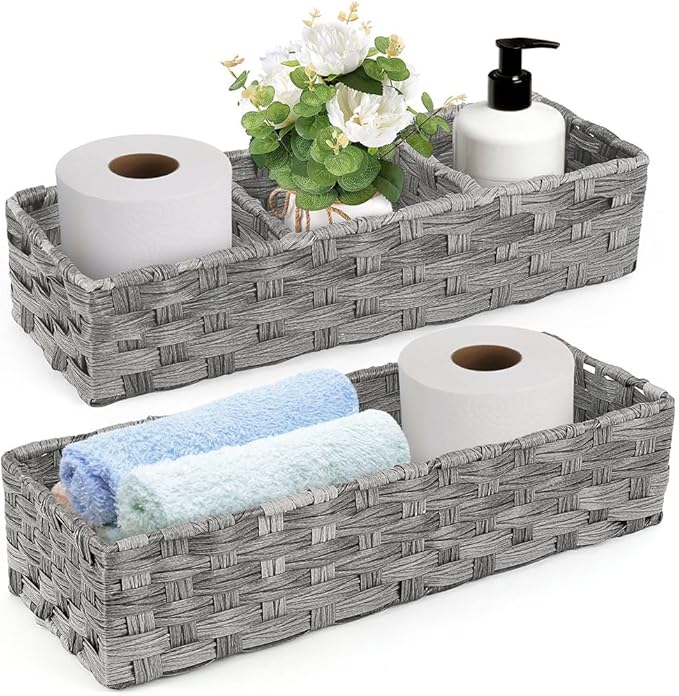 LotFancy Toilet Paper Storage Basket, 2 Pack Woven Toilet Tank Topper Basket, Back of Toilet Storage Basket, Rustic Farmhouse Bathroom Décor, Grey
