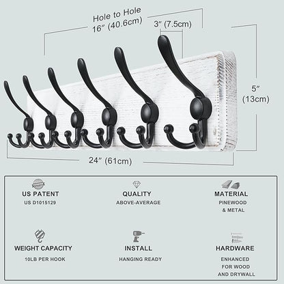 Dseap Coat Rack Wall Mounted - 24" Long 6 Tri Hooks, Heavy Duty Wooden Wall Coat Hanger Coat Hook for Clothes Hat Jacket Clothing, White and Black