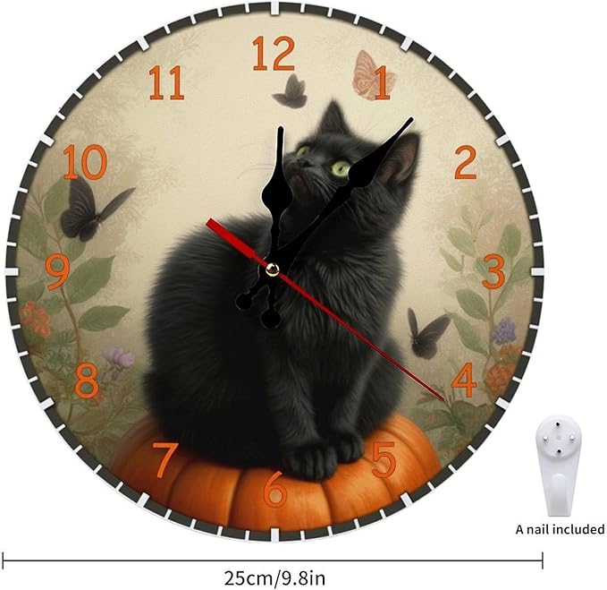 Wall Clock， Novelty Non Ticking Wall Clocks Battery Operated， Orange Wooden Wall Clocks for Kitchen， Living Room， Bedroom， Office， Bathroom Decorative. Featuring Black Cat And Pumpkin， Halloween Theme
