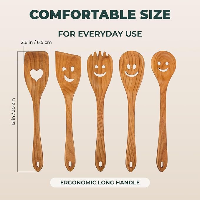 MFC 5-Piece Wooden Cooking Spoons - Kitchen Set from Natural Cherry Wood - Wooden Spoons for Cooking - Funny Utensil Set with Smiley Faces - Cooking Multipurpose Wood Utensils