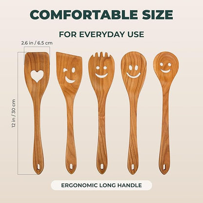 MFC 5-Piece Wooden Cooking Spoons - Kitchen Set from Natural Cherry Wood - Wooden Spoons for Cooking - Funny Utensil Set with Smiley Faces - Cooking Multipurpose Wood Utensils