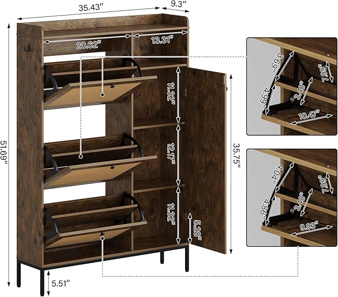 Rattan Wooden Shoe Cabinet, Freestanding 3-Flip Drawer Shoe Storage Organizer, Side Cabinet & Top Fence, Easy Assembly Shoe Rack for Entryway Hallway Living Room, Tree Pomegranate