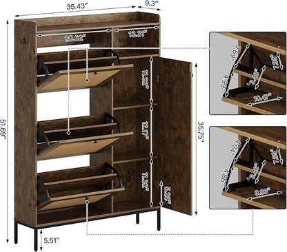 Rattan Wooden Shoe Cabinet, Freestanding 3-Flip Drawer Shoe Storage Organizer, Side Cabinet & Top Fence, Easy Assembly Shoe Rack for Entryway Hallway Living Room, Tree Pomegranate