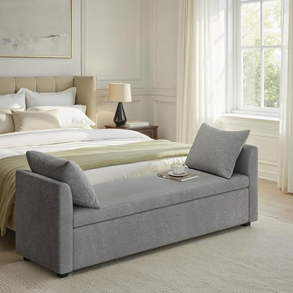 HULALA HOME Modern Storage Bench with Throw Pillows, 59.4" Extra Long Bedroom Ottoman Bench for End of Bed, Comfy Upholstered Footstool for Living Room Dining Room Entryway, Grey