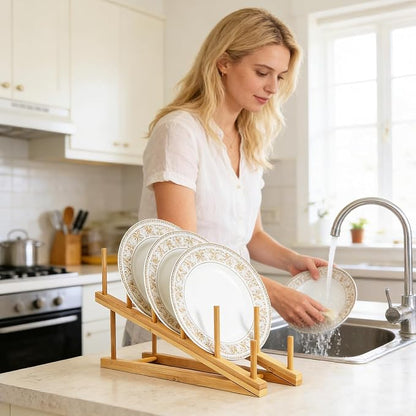 4 PCS Wooden Dish Drying Rack Bamboo Plate Dish Rack Stand Kitchen Cabinet Organizer Pot Lid Holder for Plate, Dish, Cup, Cutting Board, Bowl, Pot Lid