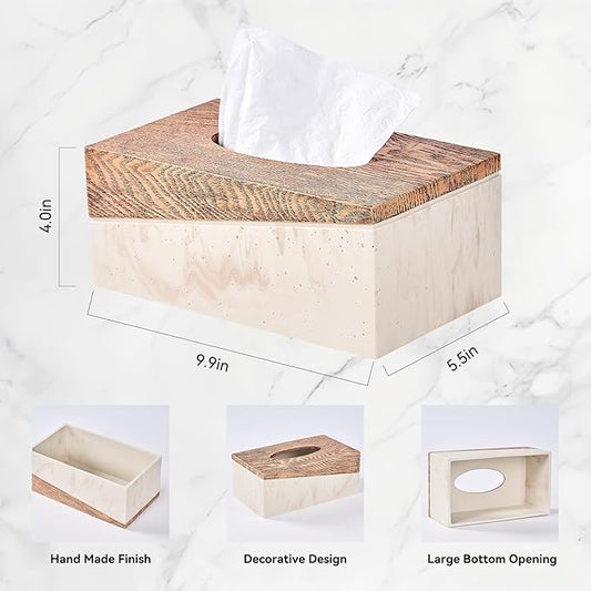Rectangular Natural Travertine and Rustic Wood Textures Tissue Box Cover for Bathroom,Livingroom,Bedroom, Hand-Made Resin Wood Inlaid Travertine Tissue Box Holder,10 x 5.7 x 4.5 in
