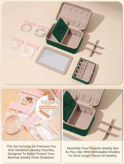 Velvet Travel Jewelry Box with Large Mirror, Double-Layer Jewelry Organizer Case for Women and Girls, Portable Storage Case with 6 Anti-Tarnish Bags Gift Ready for Her (Emerald Green)