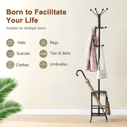 Hoctieon Coat Rack Freestanding, Coat Tree with Umbrella Holder, Metal Coat Rack Stand with 12 Hooks, Standing Coat Hanger Stand, Umbrella Stand for Entryway, Hat Rack Stand for Home Office, Brown